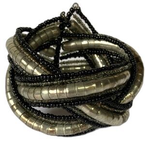 Cuff Stretch Bracelet Shiny Silver and Black Woven Coiled Beaded One Size